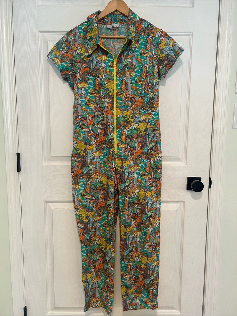 Blue Platypus Short-Sleeve One-Piece Romper in Teal Floral and Mushroom Print